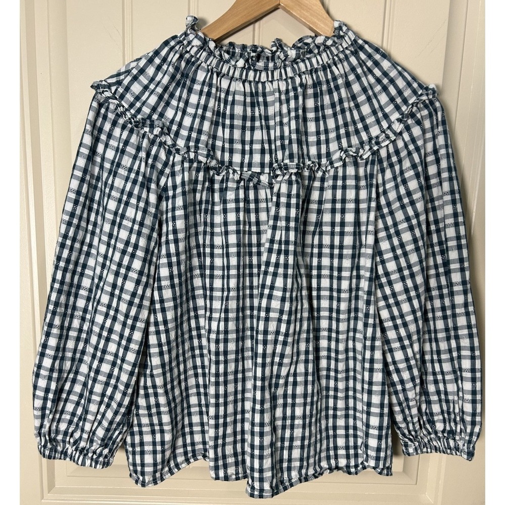 Universal Thread Women's Top 3/4 Sleeve Ruffle Green Cottagecore Gingham Sz M